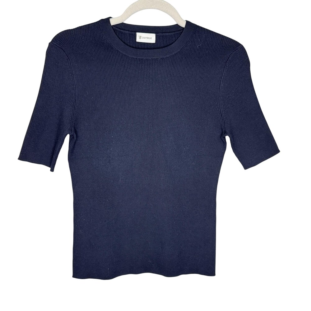 LILYSILK Shirt Womens Small Blue Ribbed Short Sleeve Mulberry Silk Knit Tee Top